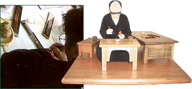 蒔絵師の作業写真とイメージ人形
